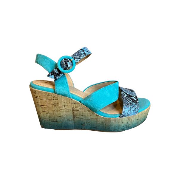 Geox Suede Cork Platform Wedge Sandals Turquoise 6.5 - Picture 1 of 11